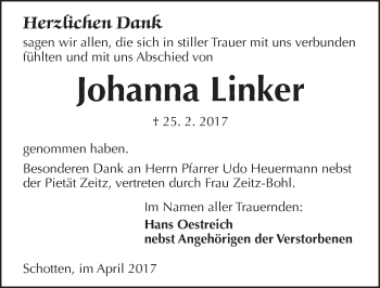 Traueranzeige von Johanna Linker von  Kreisanzeiger