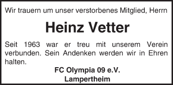 Traueranzeige von Heinz Vetter von Trauerportal Echo Online