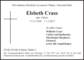 Traueranzeige von Elsbeth Crass von Trauerportal Rhein Main Presse