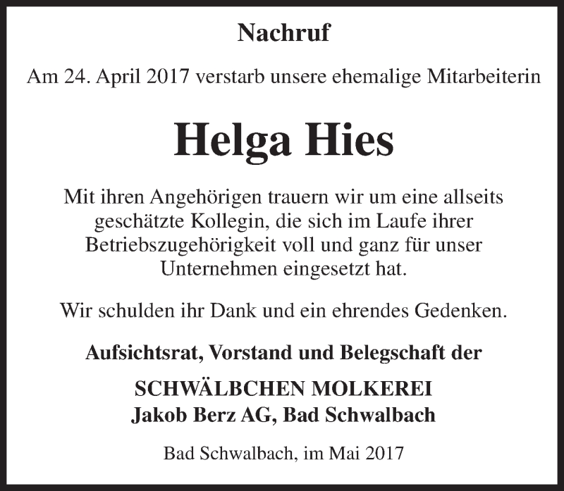  Traueranzeige für Helga Hies vom 06.05.2017 aus Trauerportal Rhein Main Presse