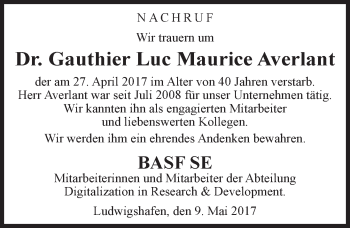 Traueranzeige von Gauthier Luc Maurice Averlant von Trauerportal Echo Online