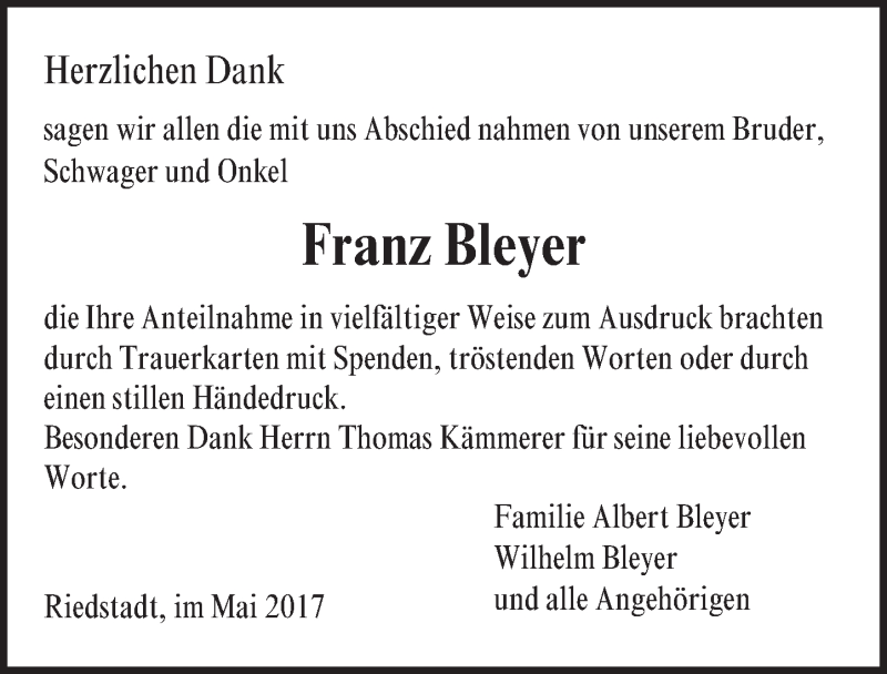  Traueranzeige für Franz Bleyer vom 27.05.2017 aus Trauerportal Echo Online