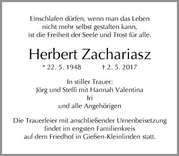 Traueranzeige von Herbert Zachariasz von  Gießener Anzeiger