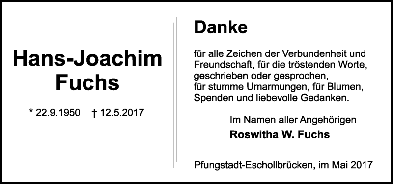  Traueranzeige für Hans-Joachim Fuchs vom 31.05.2017 aus Trauerportal Echo Online