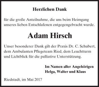 Traueranzeige von Adam Hirsch von Trauerportal Echo Online