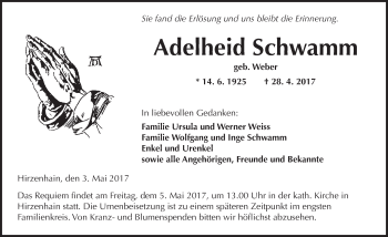 Traueranzeige von Adelheid Schwamm von  Kreisanzeiger