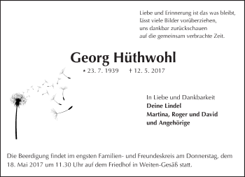 Traueranzeige von Georg Hüthwohl von Trauerportal Echo Online