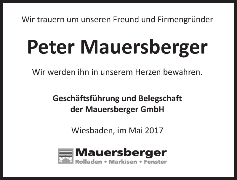  Traueranzeige für Peter Mauersberger vom 13.05.2017 aus Trauerportal Rhein Main Presse