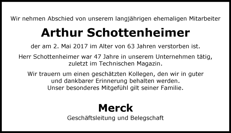  Traueranzeige für Arthur Schottenheimer vom 11.05.2017 aus Trauerportal Echo Online