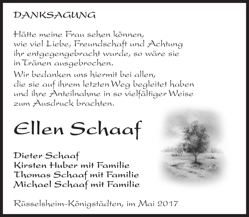  Traueranzeige für Ellen Schaaf vom 06.05.2017 aus Trauerportal Rhein Main Presse