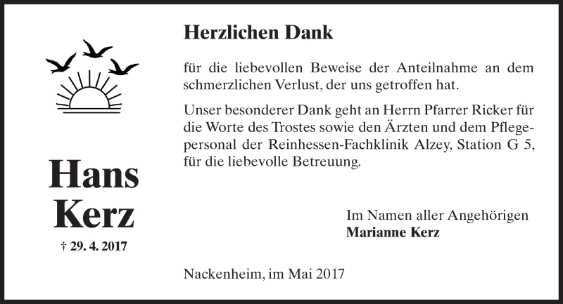 Traueranzeige für Hans Kerz vom 20.05.2017 aus Trauerportal Rhein Main Presse