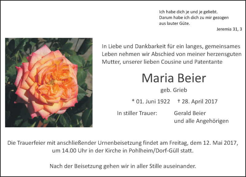  Traueranzeige für Maria Beier vom 10.05.2017 aus  Gießener Anzeiger