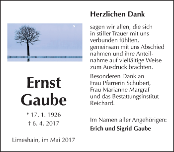 Traueranzeige von Ernst Gaube von  Kreisanzeiger