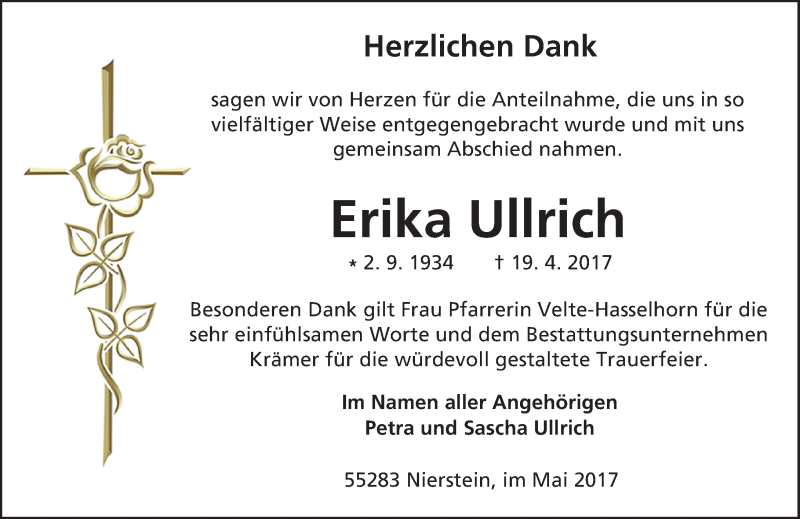  Traueranzeige für Erika Ullrich vom 20.05.2017 aus Trauerportal Echo Online