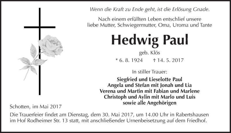  Traueranzeige für Hedwig Paul vom 27.05.2017 aus  Kreisanzeiger