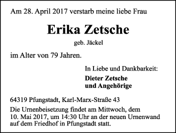 Traueranzeige von Erika Zetsche von Trauerportal Echo Online