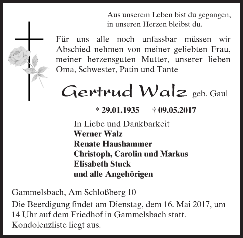  Traueranzeige für Gertrud Walz vom 13.05.2017 aus Trauerportal Echo Online