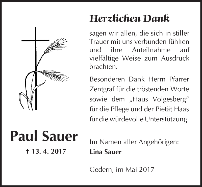  Traueranzeige für Paul Sauer vom 13.05.2017 aus  Kreisanzeiger