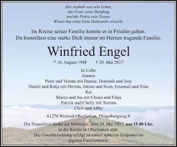 Traueranzeige von Winfried Engel von  Usinger Anzeiger