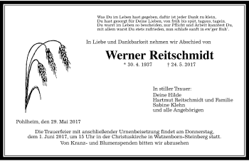 Traueranzeige von Werner Reitschmidt von  Gießener Anzeiger