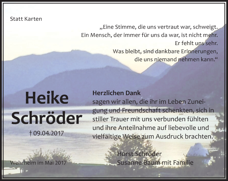  Traueranzeige für Heike Schröder vom 06.05.2017 aus  Usinger Anzeiger