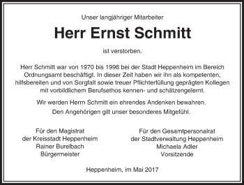 Traueranzeige von Ernst Schmitt von Trauerportal Echo Online