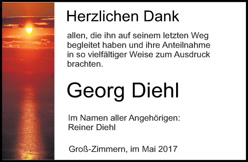  Traueranzeige für Georg Diehl vom 06.05.2017 aus Trauerportal Echo Online