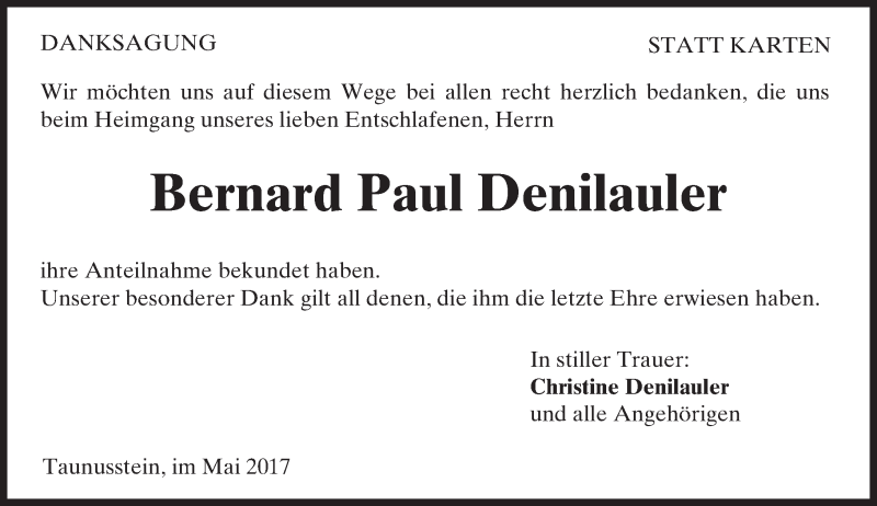  Traueranzeige für Bernard Paul Denilauler vom 20.05.2017 aus Trauerportal Rhein Main Presse