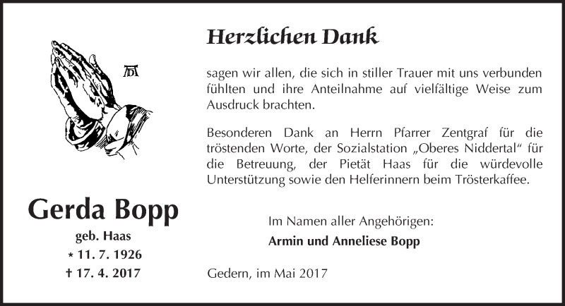  Traueranzeige für Gerda Bopp vom 20.05.2017 aus  Kreisanzeiger