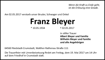 Traueranzeige von Franz Bleyer von Trauerportal Echo Online