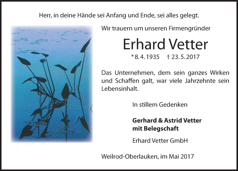  Traueranzeige für Erhard Vetter vom 27.05.2017 aus  Usinger Anzeiger