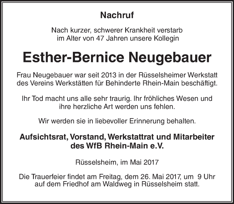 Traueranzeige für Esther-Bernice Neugebauer vom 20.05.2017 aus Trauerportal Rhein Main Presse
