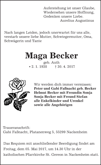 Traueranzeige von Maga Becker von Trauerportal Rhein Main Presse