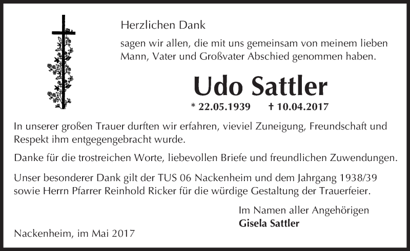  Traueranzeige für Udo Sattler vom 06.05.2017 aus Trauerportal Rhein Main Presse