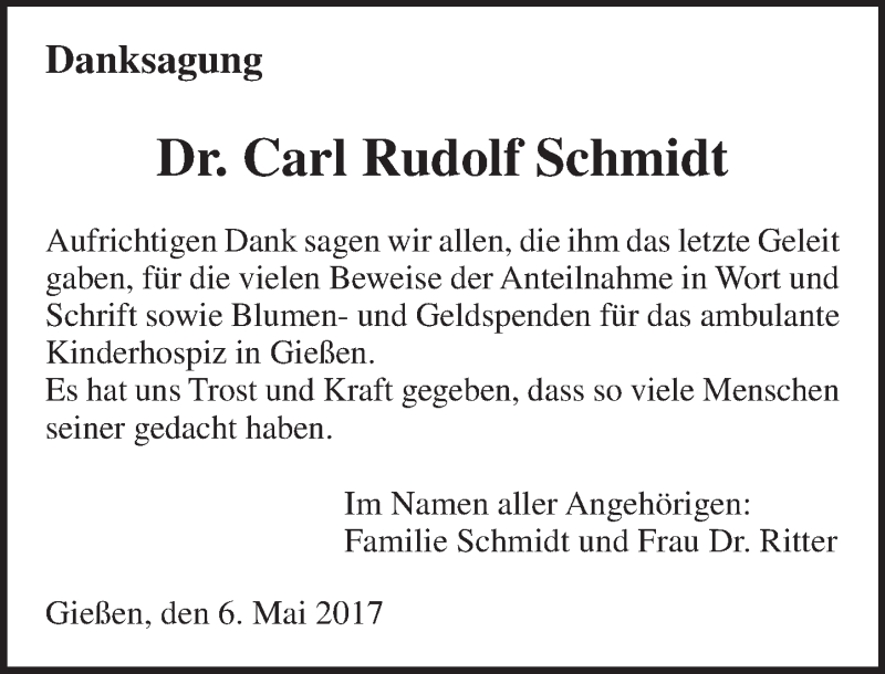  Traueranzeige für Carl Rudolf Schmidt vom 06.05.2017 aus  Gießener Anzeiger