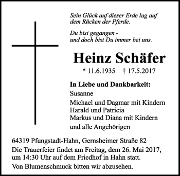 Traueranzeige von Heinz Schäfer von Trauerportal Echo Online
