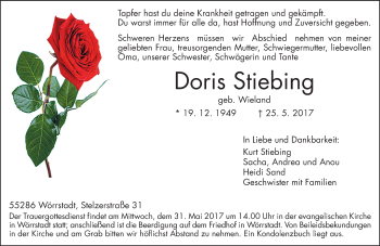 Traueranzeige von Doris Stiebing von Trauerportal Rhein Main Presse