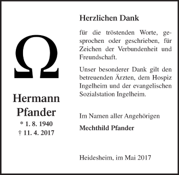 Traueranzeige von Hermann Pfander von Trauerportal Rhein Main Presse