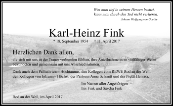 Traueranzeige von Karl-Heinz Fink von  Usinger Anzeiger