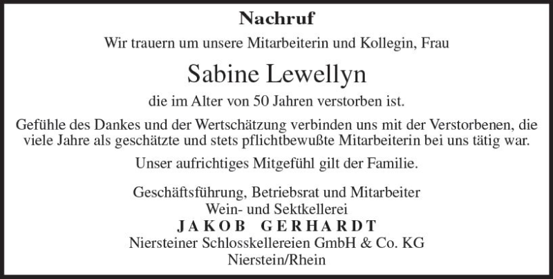  Traueranzeige für Sabine Lewellyn vom 29.06.2017 aus Trauerportal Rhein Main Presse