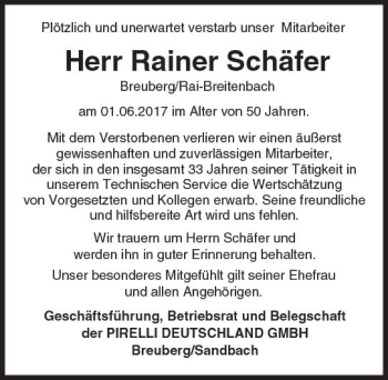 Traueranzeige von Rainer Schäfer von Trauerportal Echo Online