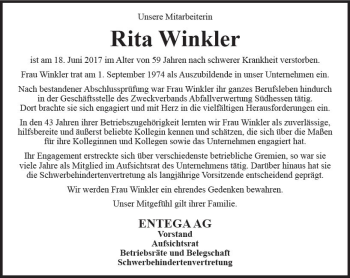 Traueranzeige von Rita Winkler von Trauerportal Echo Online