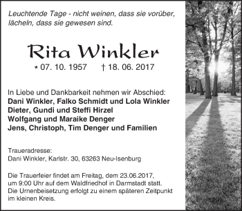 Traueranzeige von Rita Winkler von Trauerportal Echo Online