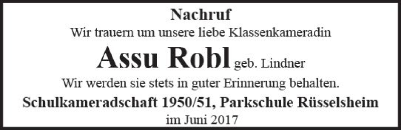  Traueranzeige für Assu Robl vom 07.06.2017 aus Trauerportal Rhein Main Presse