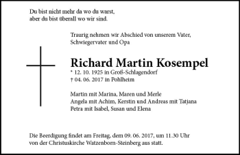 Traueranzeige von Richard Martin Kosempel von  Gießener Anzeiger
