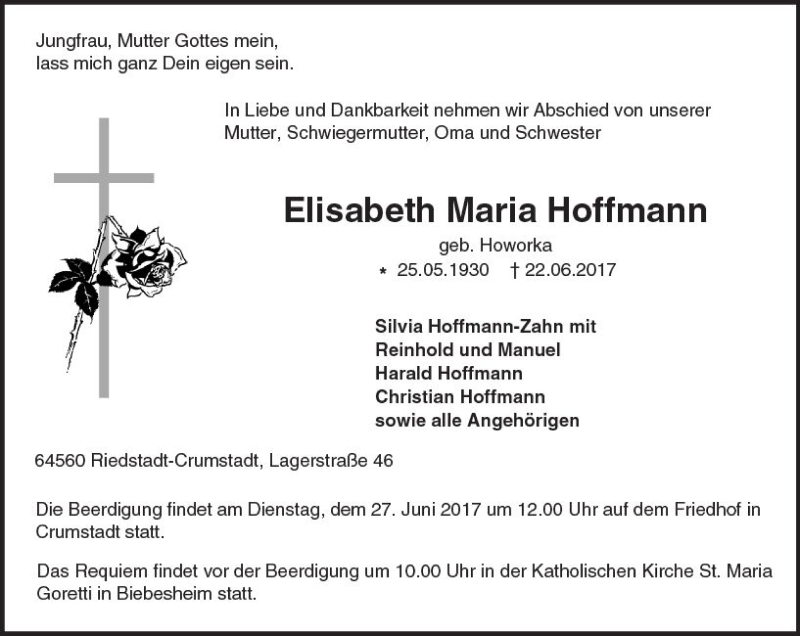  Traueranzeige für Elisabeth Maria Hoffmann vom 24.06.2017 aus Trauerportal Echo Online