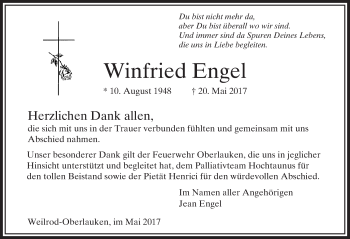 Traueranzeige von Winfried Engel von  Usinger Anzeiger