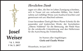 Traueranzeige von Josef Weiser von  Kreisanzeiger