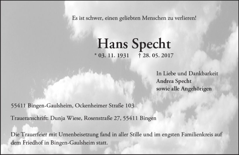  Traueranzeige für Hans Specht vom 10.06.2017 aus Trauerportal Rhein Main Presse