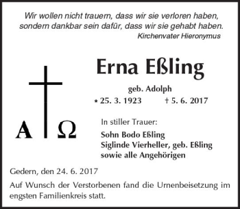 Traueranzeige von Erna Eßling von  Kreisanzeiger